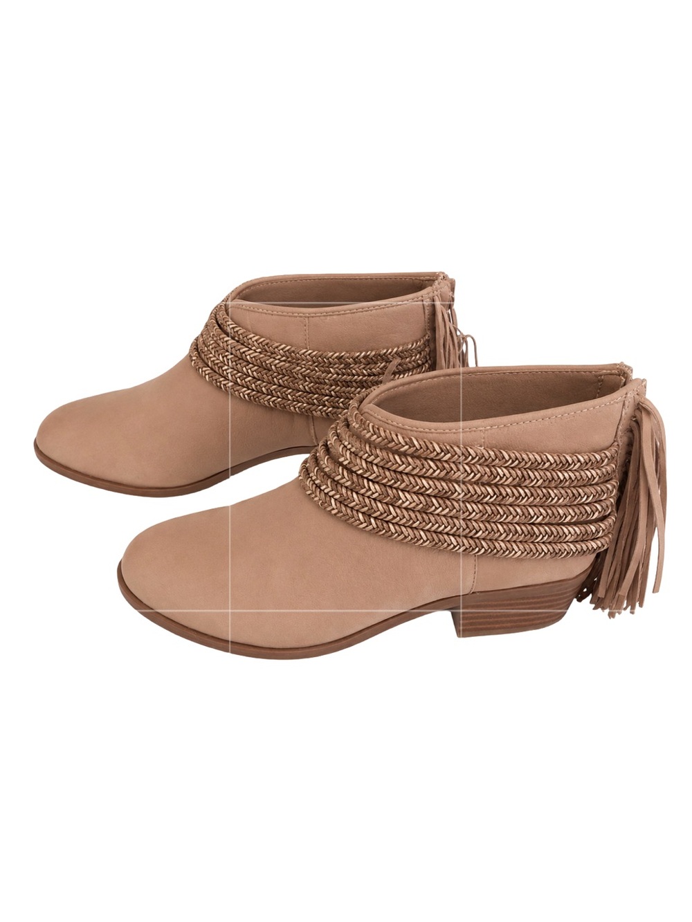 BCBG Generation Womens Beige Faux Leather Ankle Booties Woven Braid & Fringe Det